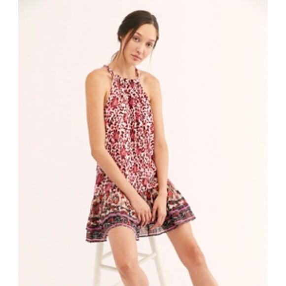 FREE PEOPLE | LYLA Red Floral Gauze High Neck Ruffle Hem Mini Dress | Medium - Picture 1 of 6